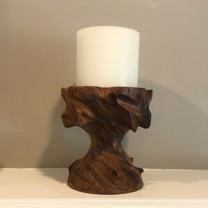 Rustic/Brutalist‎ Brown Burlwood Hand Carved Pedestal Candle Holder